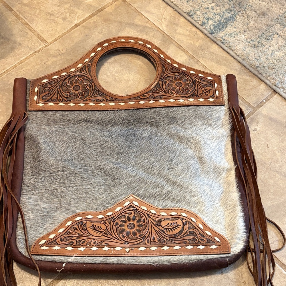 Brown and Gray Leather Fringe Tote Bag